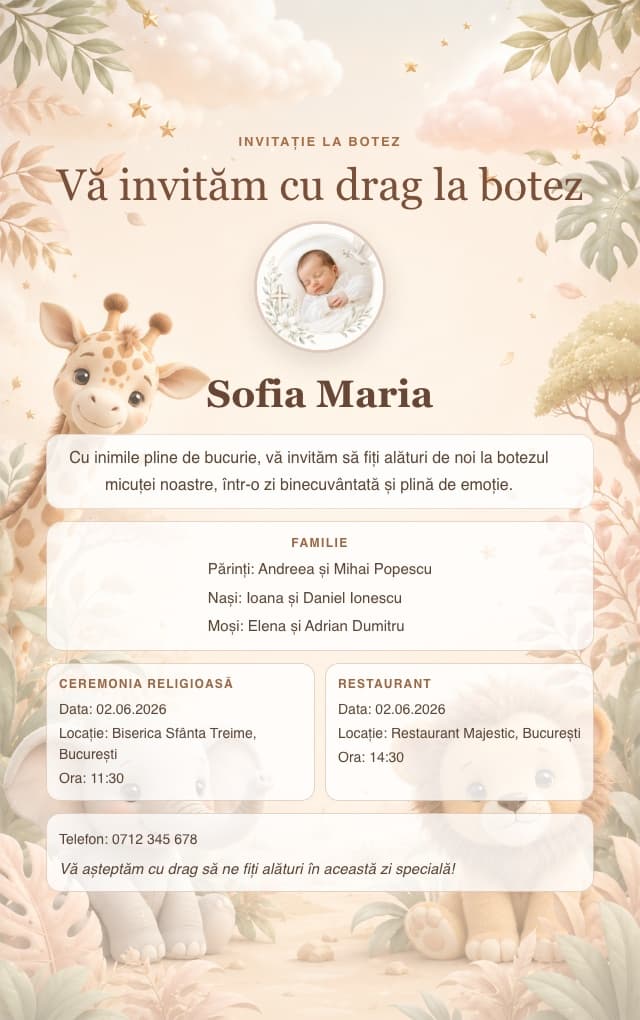 Model invitație de botez — Animals