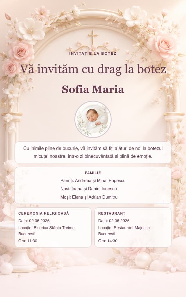 Model invitație de botez — Floral Arc