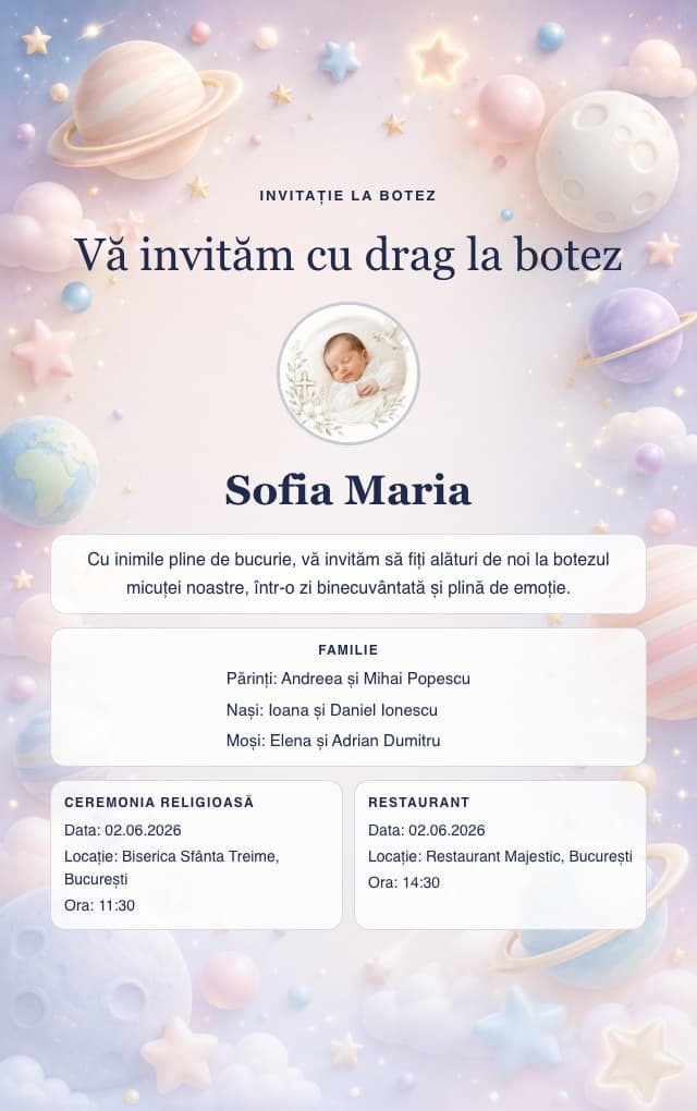Model invitație de botez — Planets