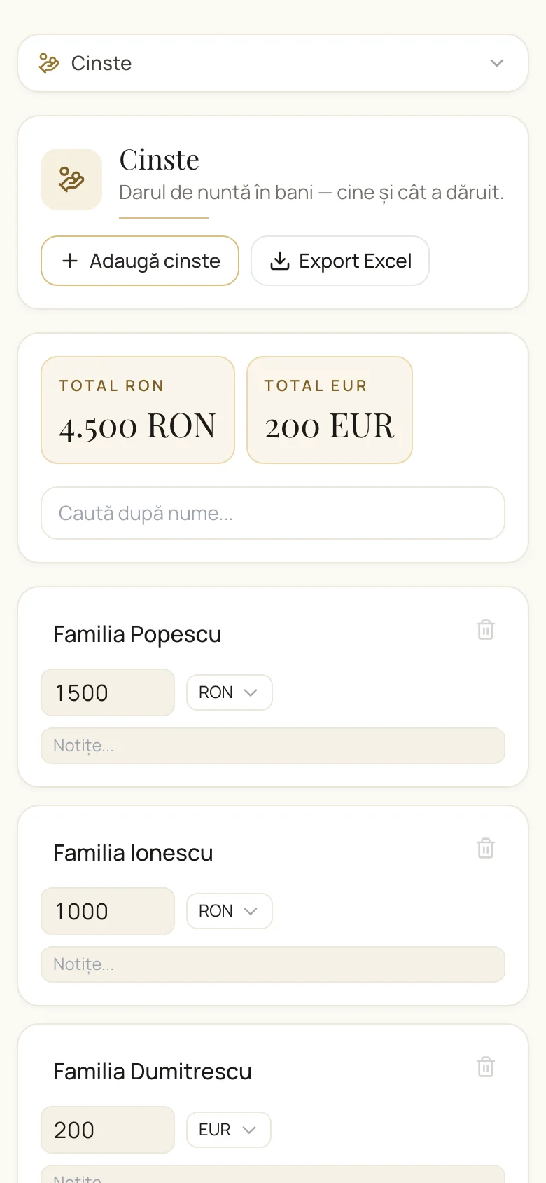 Evidența cinstei primite la nuntă, în mai multe monede