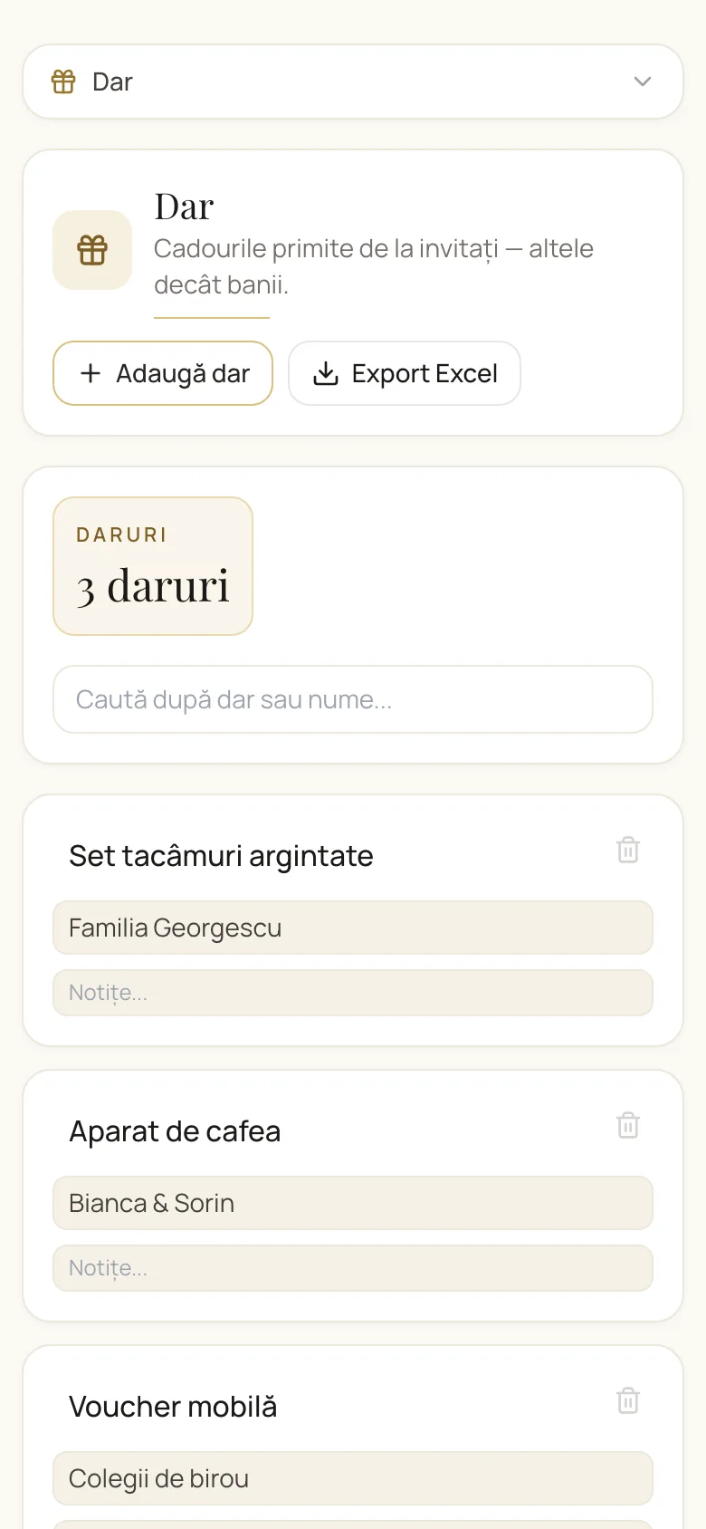 Evidența darurilor fizice primite la nuntă