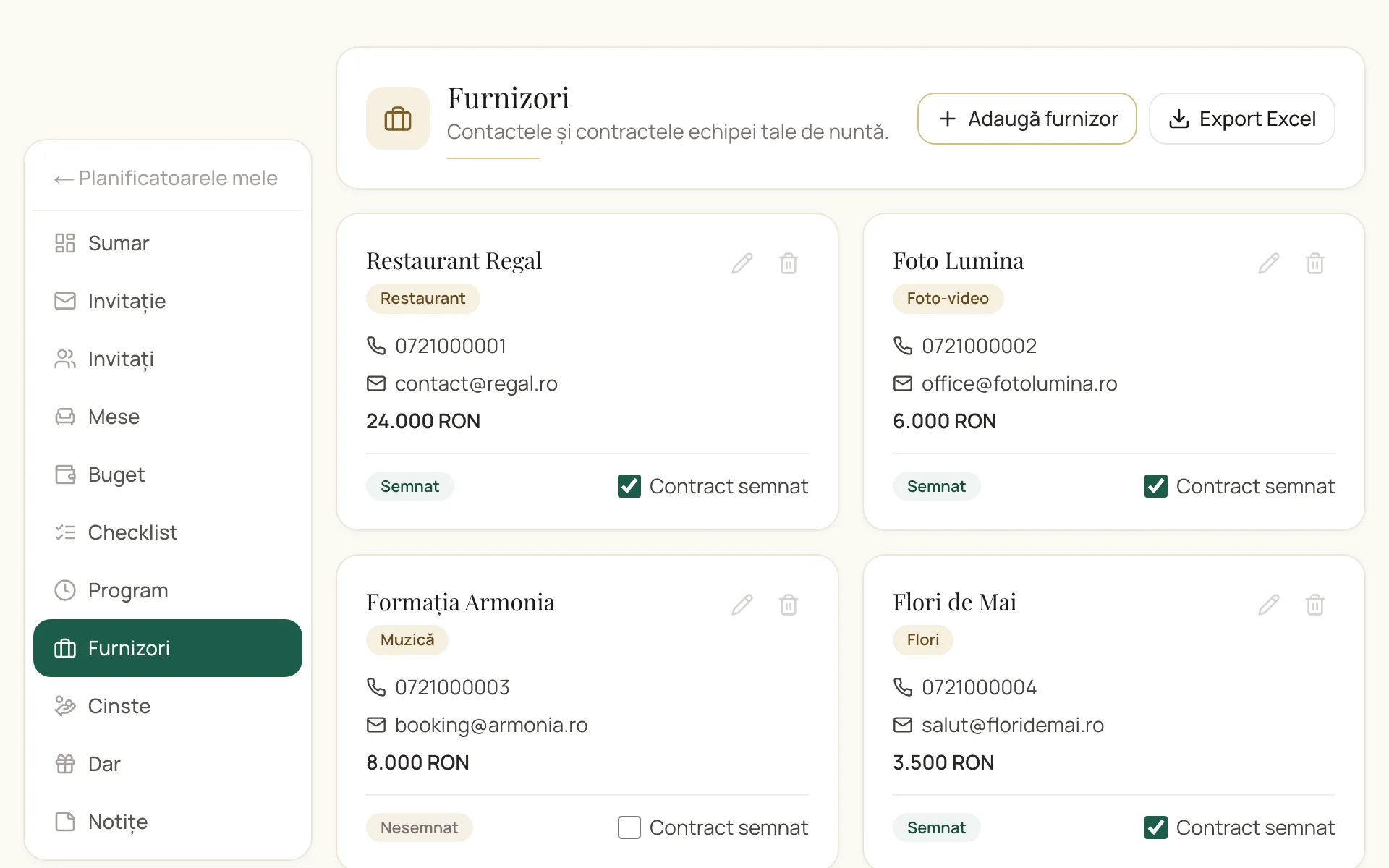 Lista furnizorilor nunții cu status și date de contact
