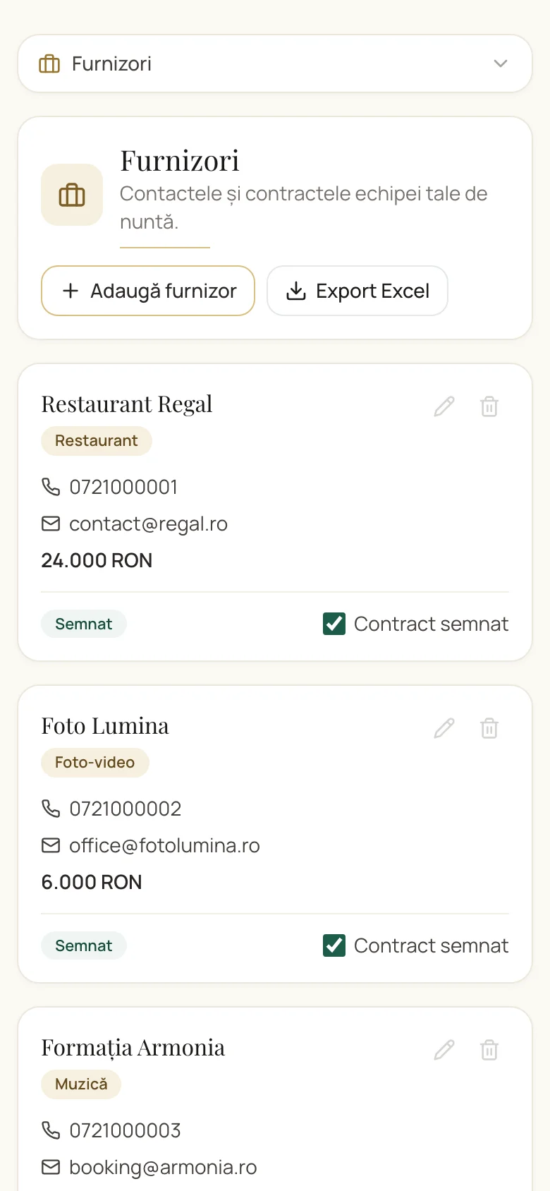 Lista furnizorilor nunții cu status și date de contact