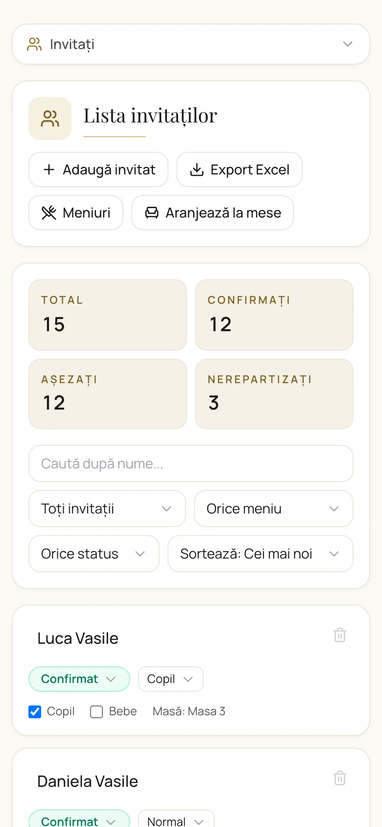 Lista de invitați cu statusul confirmărilor RSVP în planificatorul de nuntă