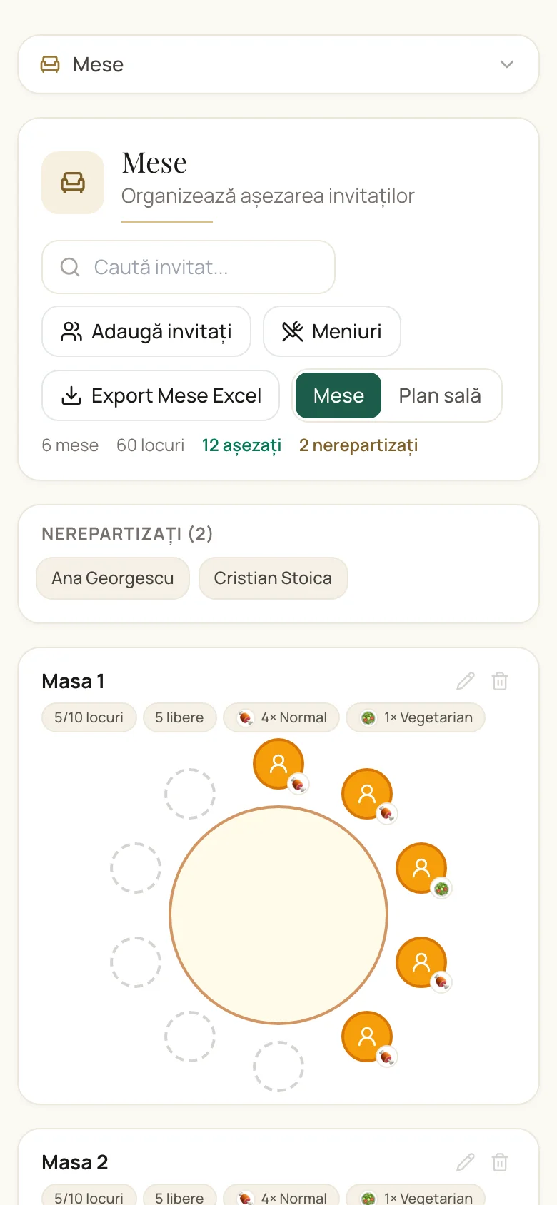 Aranjarea invitaților la mese prin drag & drop în planificatorul de nuntă