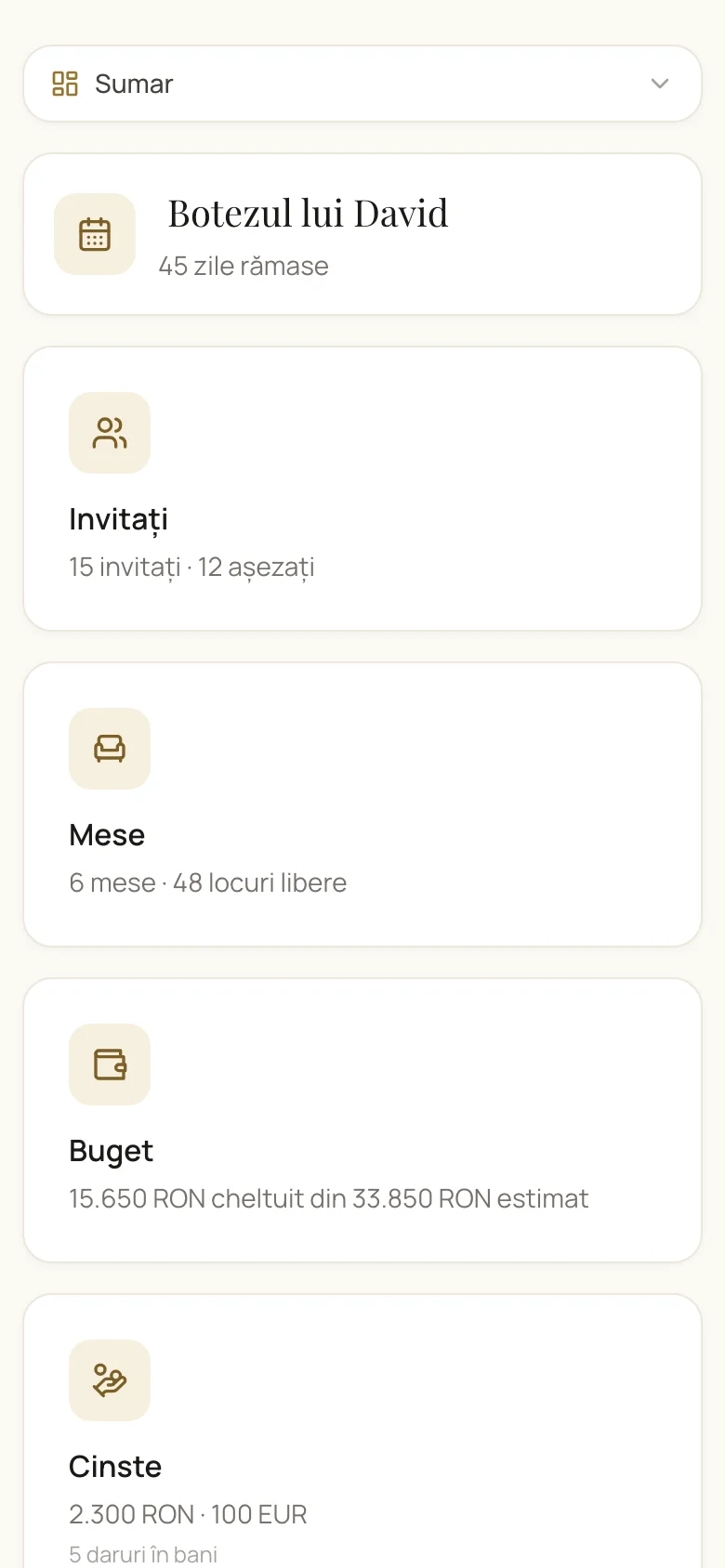 Panoul general al planificatorului de botez: buget, invitați, program și checklist într-un singur loc