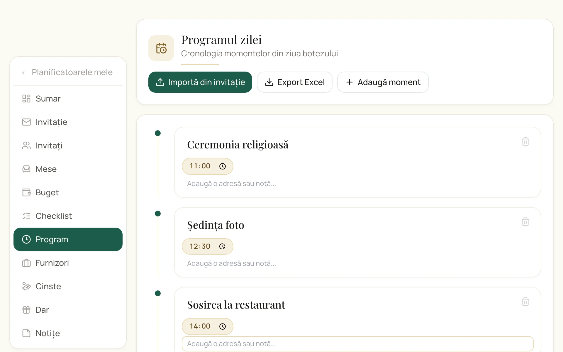 Programul zilei de botez, moment cu moment