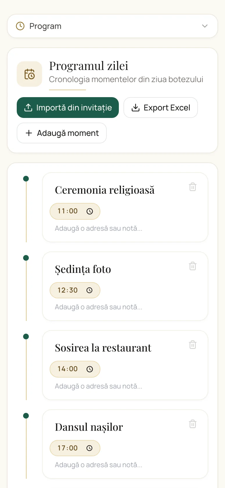 Programul zilei de botez, moment cu moment