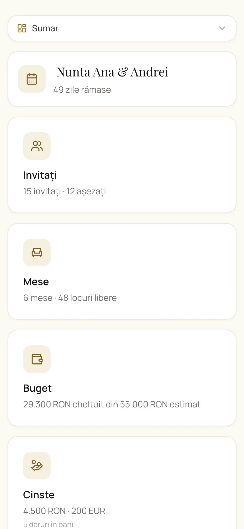 Panoul general al planificatorului de nuntă: buget, invitați, program și checklist într-un singur loc