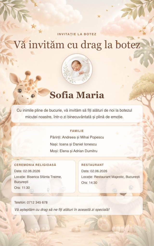 Model invitație de botez — Animals