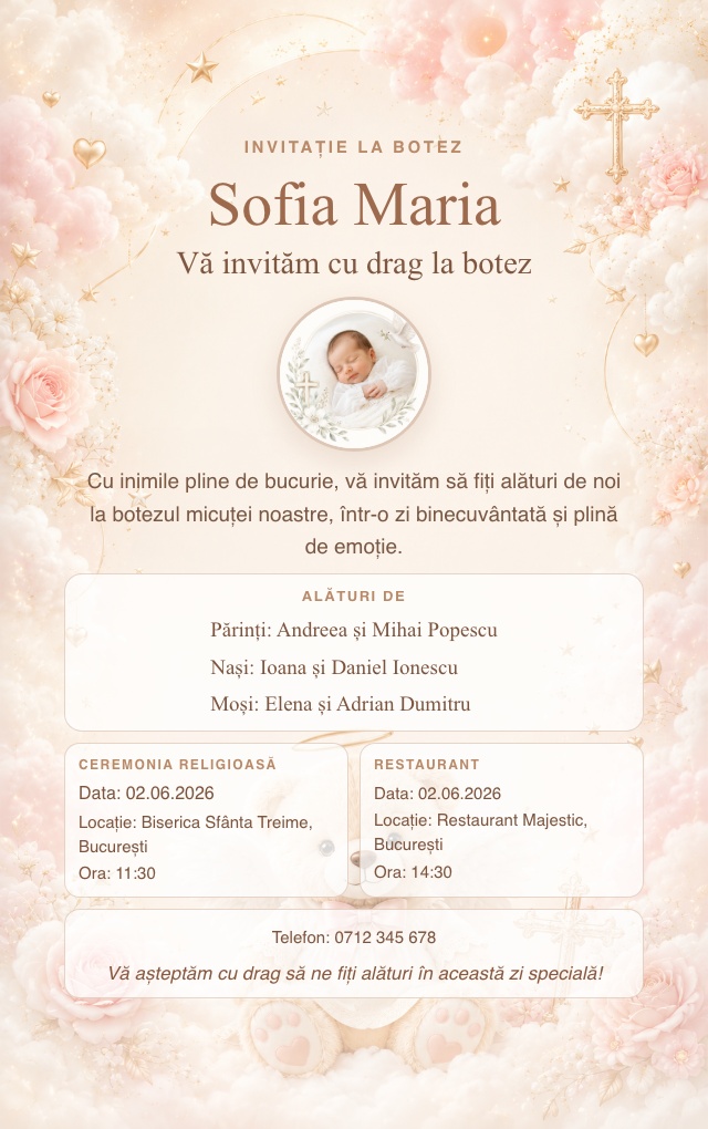 Model invitație de botez — Teddy Bear